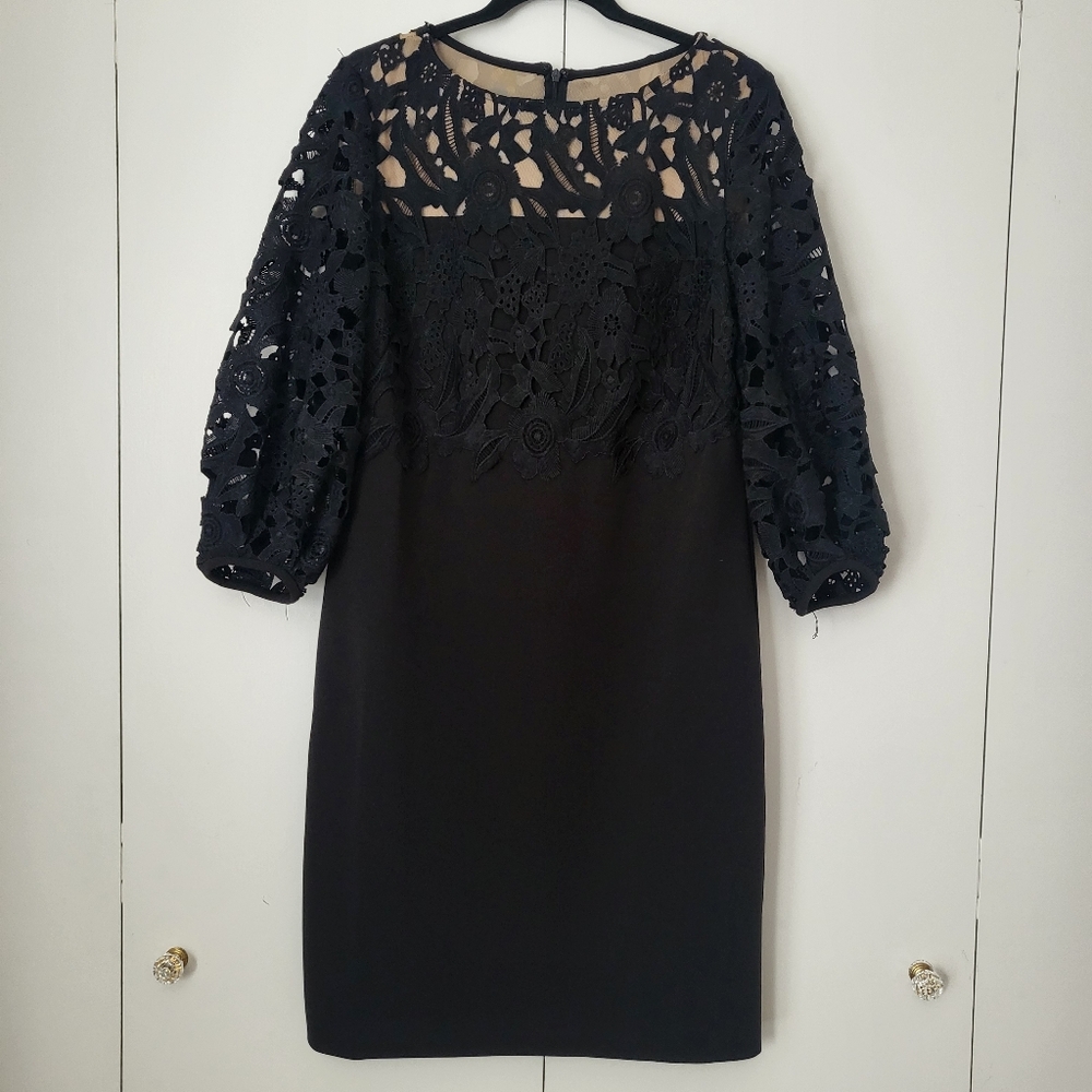 Lauren Ralph Lauren Cocktail Dress Sz 16 Black Crepe Lace Overlay Puff Sleeve